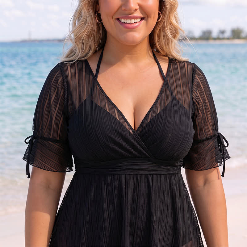 Plusock Black Sheer Wrap Swim Dress, Black / 3XL