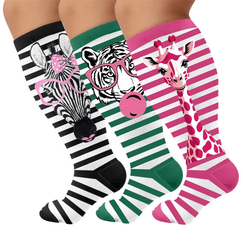 Plusock Plus Size Zebra Bow Stripe Compression Socks - Multicolor(3 Pairs) - 4XL - image 4