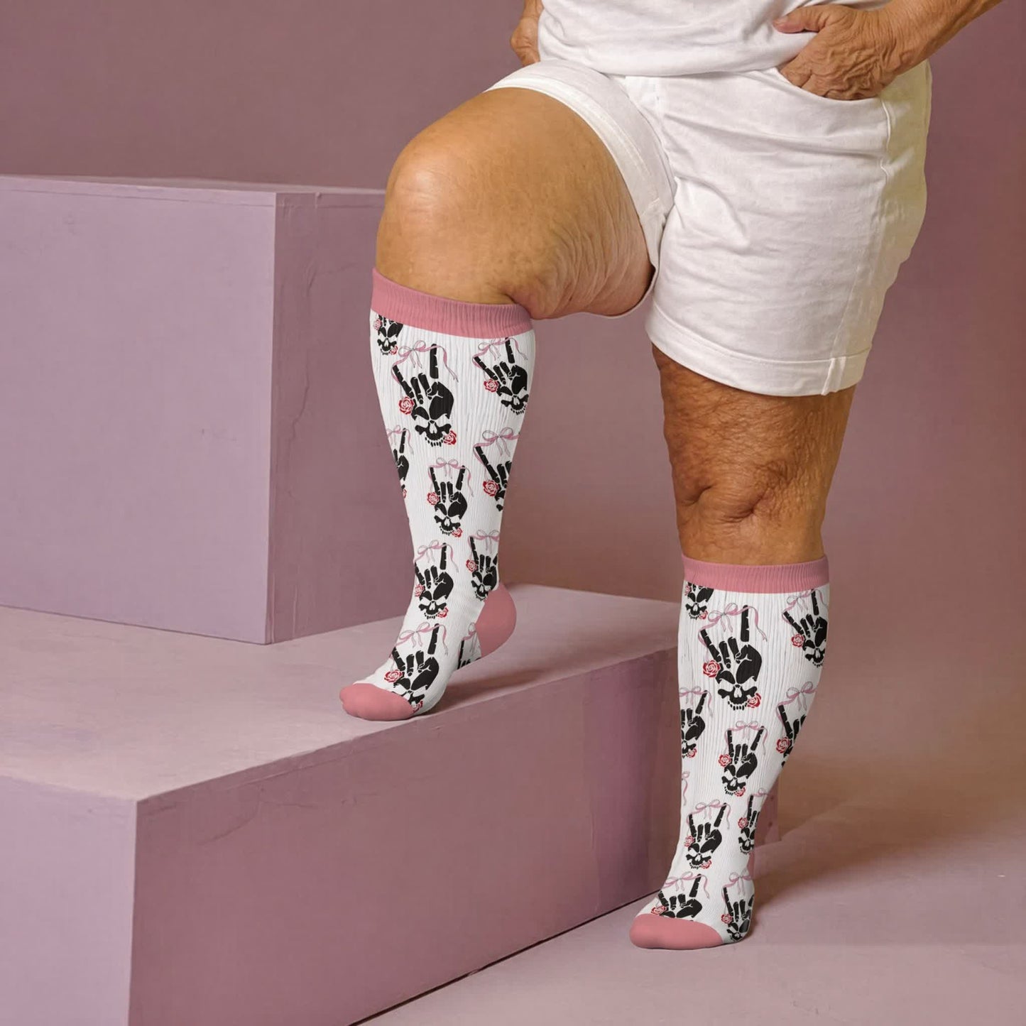Plusock Plus Size Heart Bow Skull Compression Socks - Pink(1 Pair) - 4XL - image 1