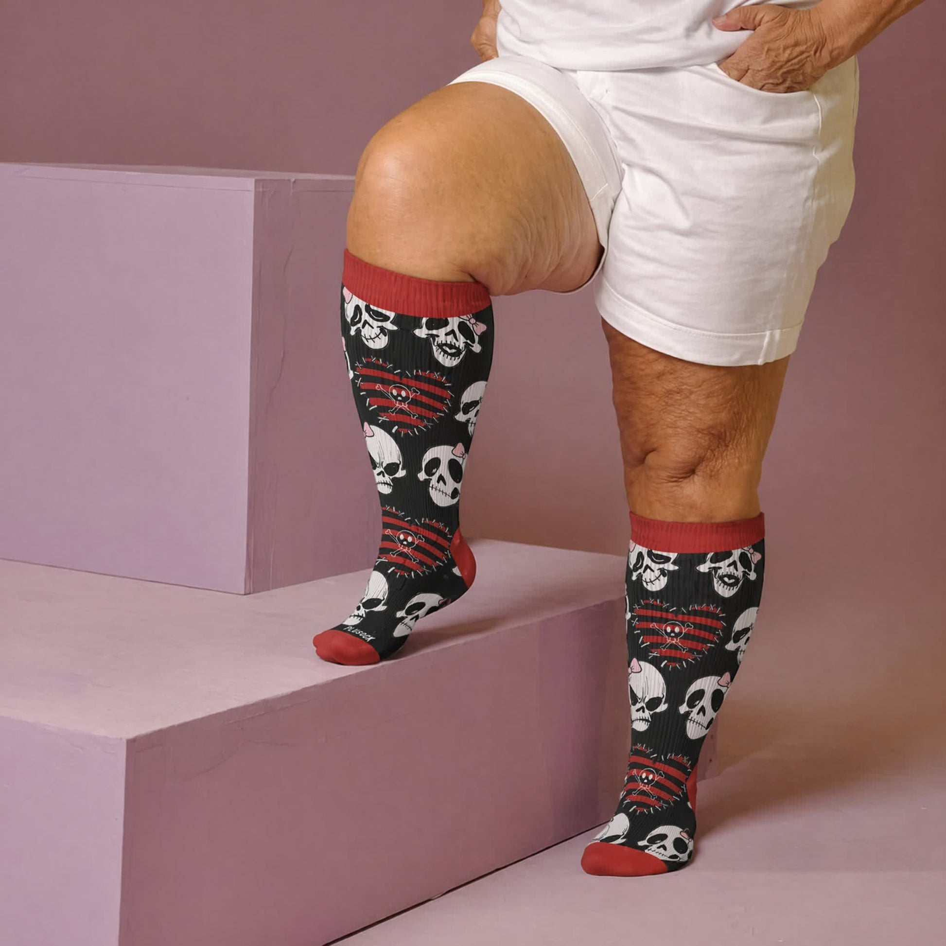 Plusock Plus Size Heart Bow Skull Compression Socks - Red(1 Pair) - 4XL - image 2