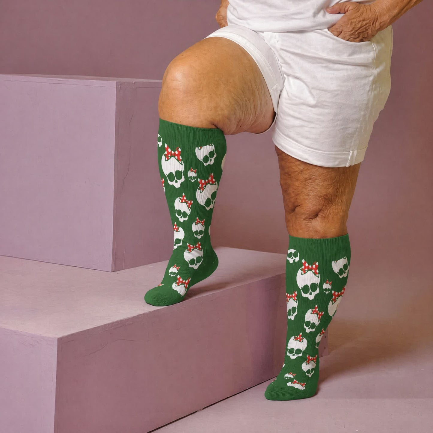 Plusock Plus Size Heart Bow Skull Compression Socks - Green(1 Pair) - 4XL - image 3