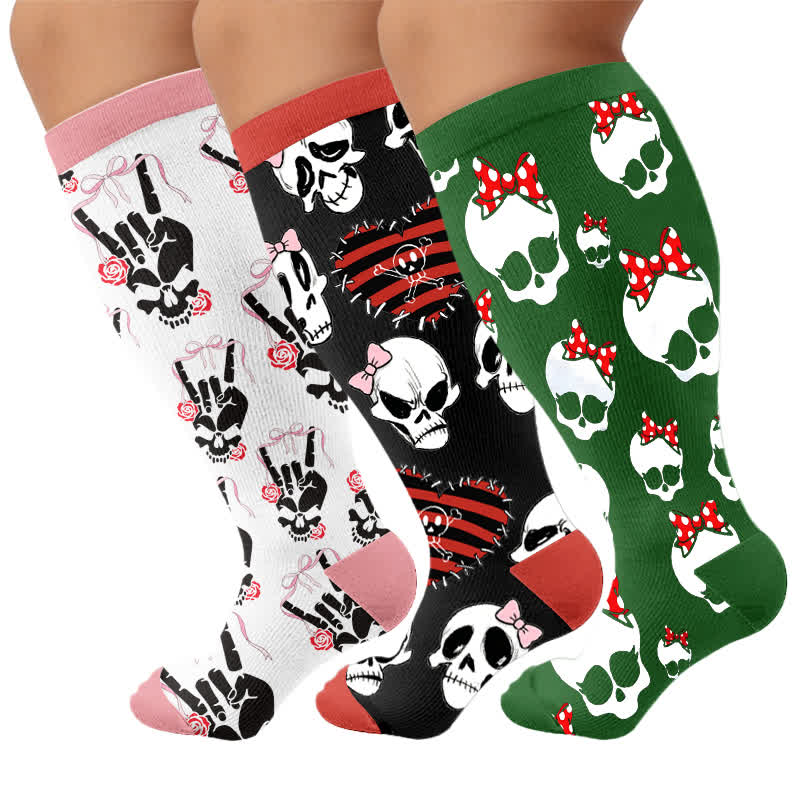 Plusock Plus Size Heart Bow Skull Compression Socks - Multicolor(3 Pairs) - 4XL - image 4