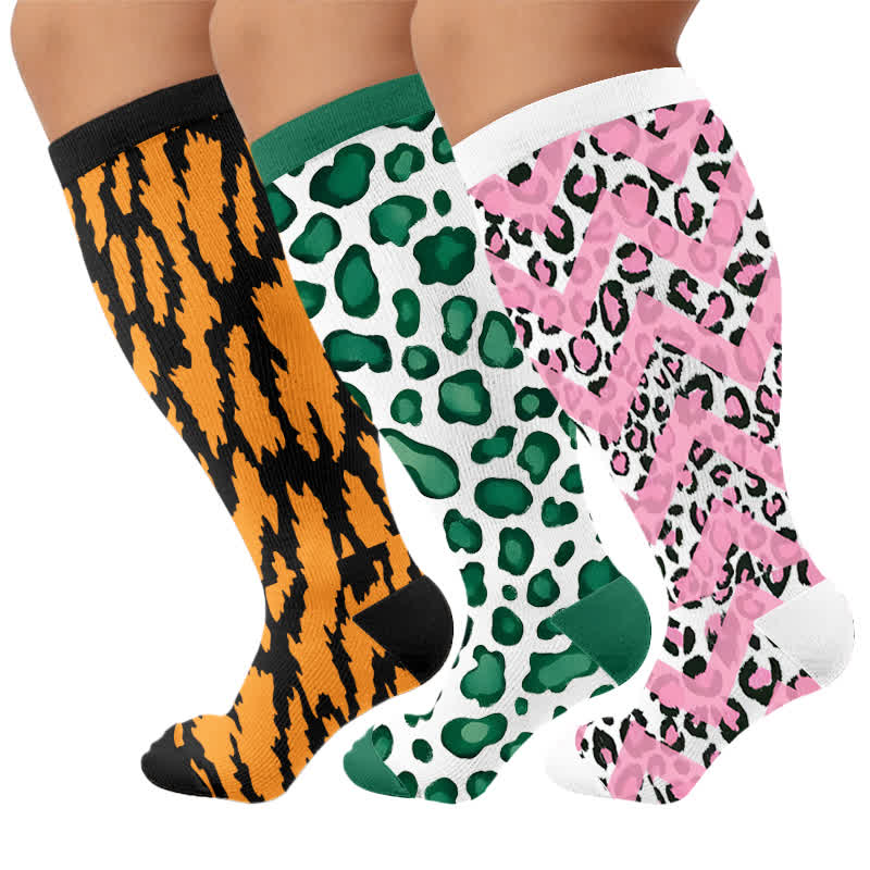 Plusock Plus Size Wild Leopard Compression Socks - Multicolor(3 Pairs) - 4XL - image 4