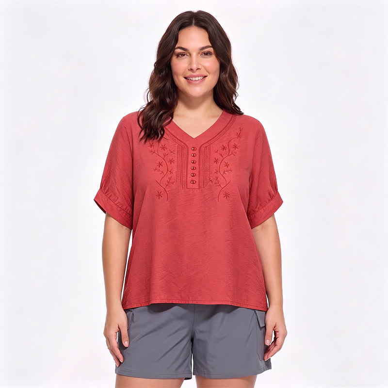 Plusock Plus Size Embroidered Relaxed Blouse - Orange - 5XL - image 4