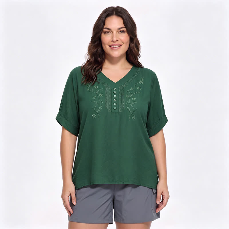 Plusock Plus Size Embroidered Relaxed Blouse - Green - 5XL - image 8