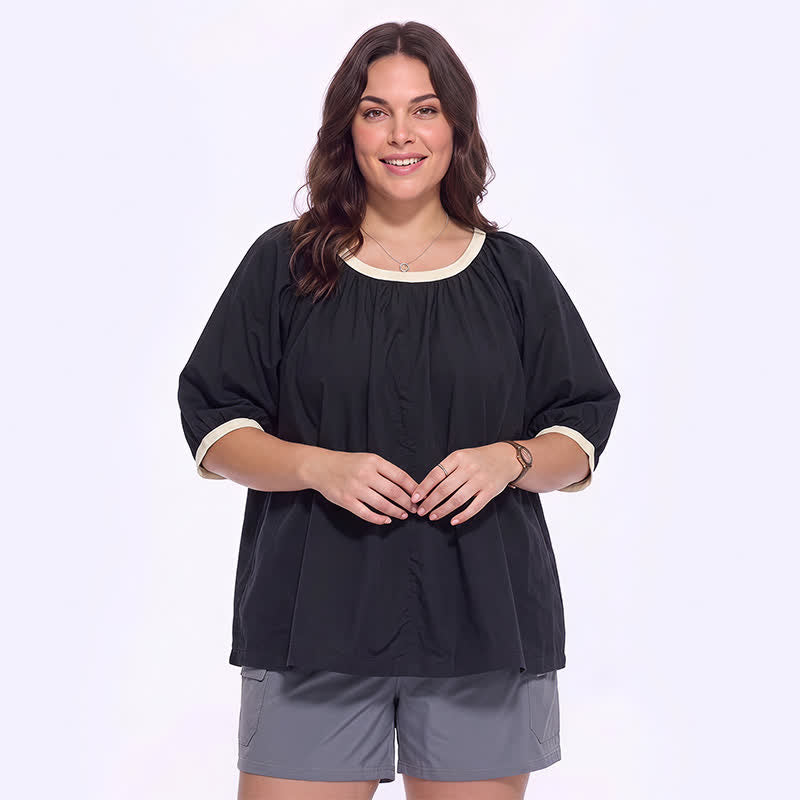 Plusock Contrast Trim Relaxed Everyday Blouse - Black - 4XL - image 4