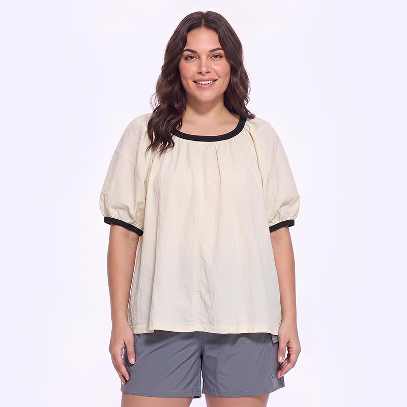 Plusock Contrast Trim Relaxed Everyday Blouse - Beige - 4XL - image 0