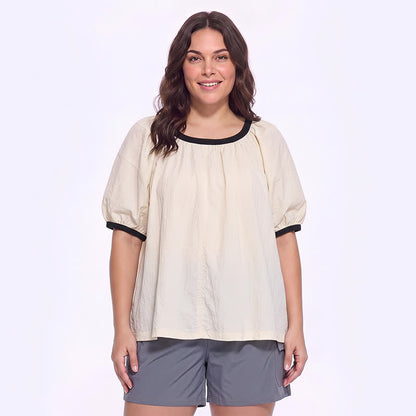 Plusock Contrast Trim Relaxed Everyday Blouse - Beige - 4XL - image 0