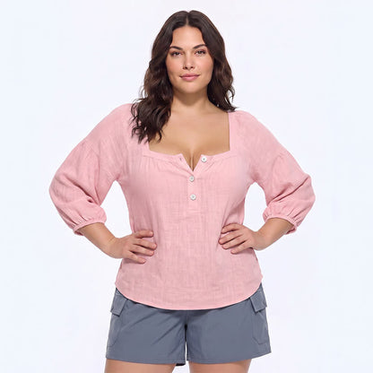 Plusock Plus Size Square Neck Button Front Casual Blouse - A - 5XL - image 0