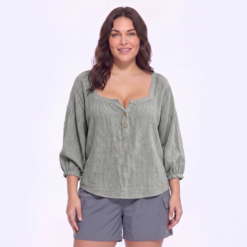 Plusock Plus Size Square Neck Button Front Casual Blouse - B - 5XL - image 12