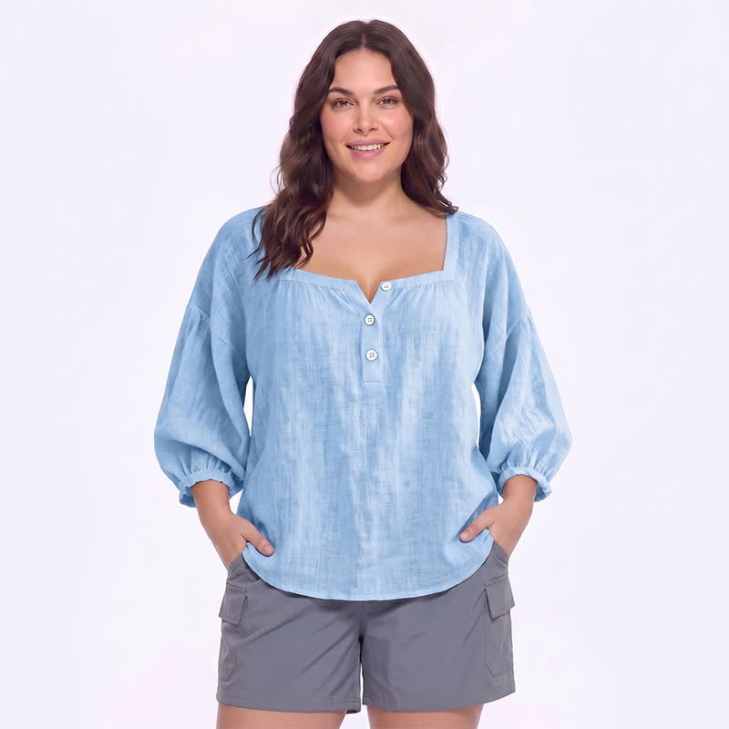 Plusock Plus Size Square Neck Button Front Casual Blouse - C - 5XL - image 4