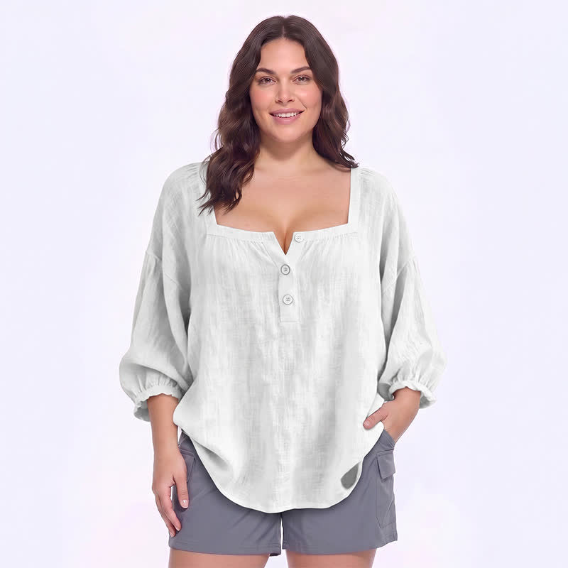 Plusock Plus Size Square Neck Button Front Casual Blouse - D - 5XL - image 8