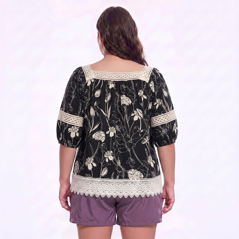 Plusock Vintage Floral Lace Square Neck Blouse - image 1