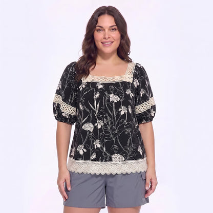 Plusock Vintage Floral Lace Square Neck Blouse - Black - 4XL - image 0