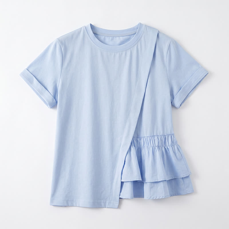 Plusock Asymmetrical Ruffle Hem Relaxed Short Sleeve Blouse - image 8
