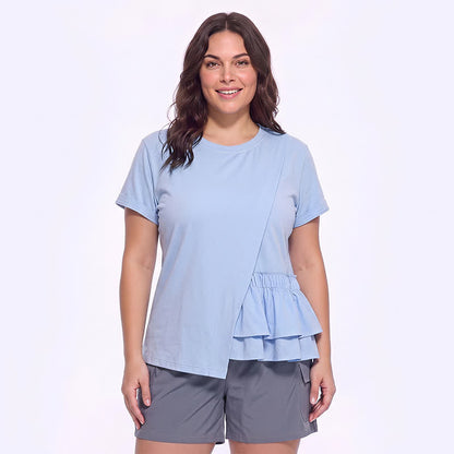 Plusock Asymmetrical Ruffle Hem Relaxed Short Sleeve Blouse - Blue - 4XL - image 0