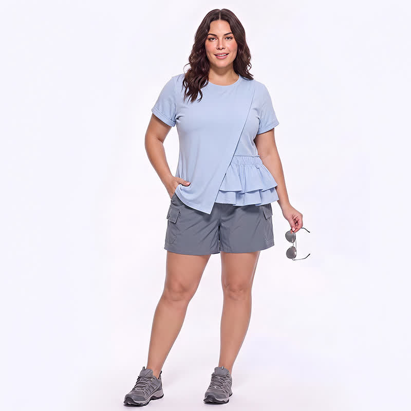 Plusock Asymmetrical Ruffle Hem Relaxed Short Sleeve Blouse - image 2