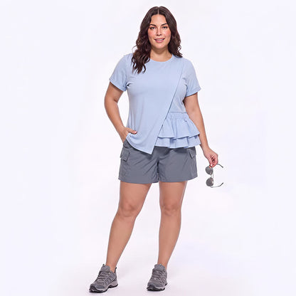 Plusock Asymmetrical Ruffle Hem Relaxed Short Sleeve Blouse - image 2