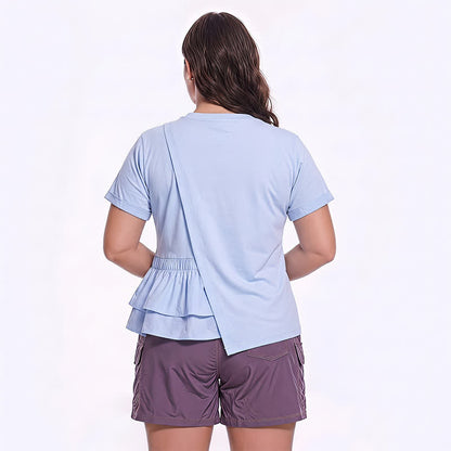 Plusock Asymmetrical Ruffle Hem Relaxed Short Sleeve Blouse - image 1