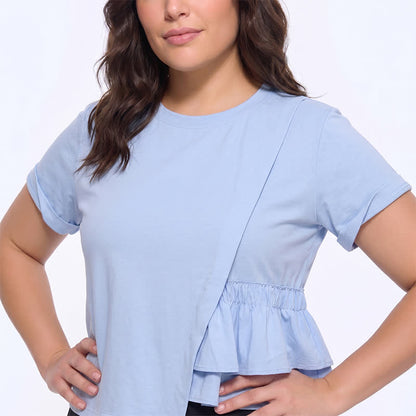 Plusock Asymmetrical Ruffle Hem Relaxed Short Sleeve Blouse - image 3