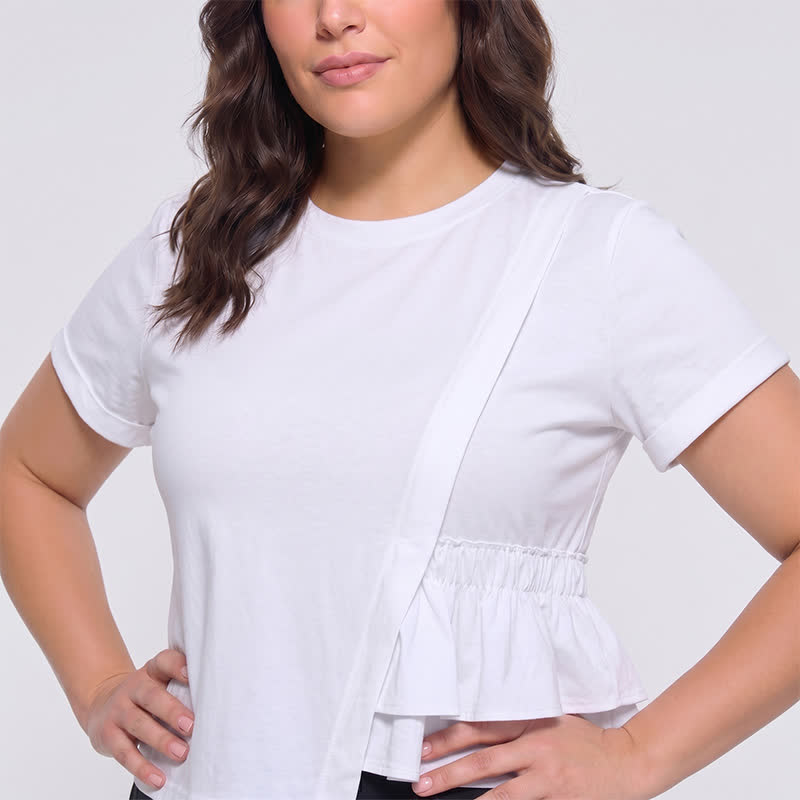 Plusock Asymmetrical Ruffle Hem Relaxed Short Sleeve Blouse - image 7
