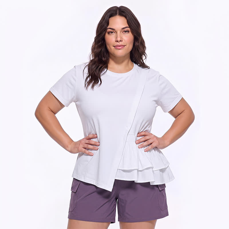 Plusock Asymmetrical Ruffle Hem Relaxed Short Sleeve Blouse - White - 4XL - image 4