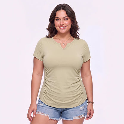 Plusock Plus Size Ruched V Neck Sports Shirt - Khaki - 5XL - image 0