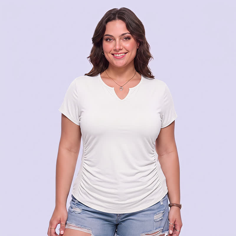 Plusock Plus Size Ruched V Neck Sports Shirt - Beige - 5XL - image 8