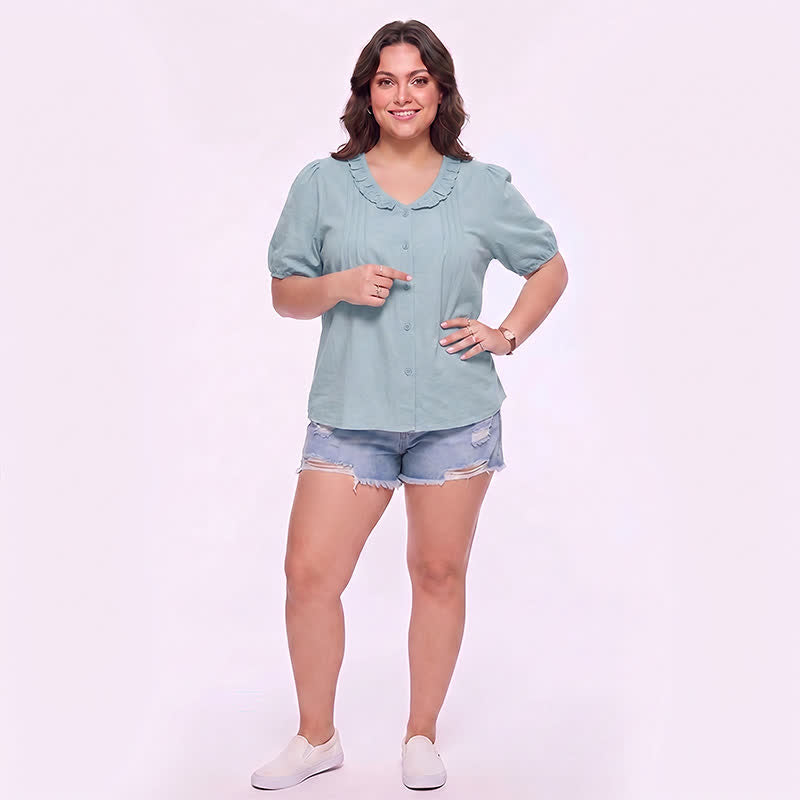 Plusock Ruffled V Neck Button Front Everyday Blouse - image 1