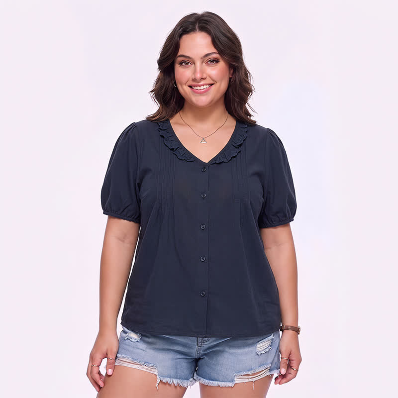 Plusock Ruffled V Neck Button Front Everyday Blouse - Navy Blue - 4XL - image 6
