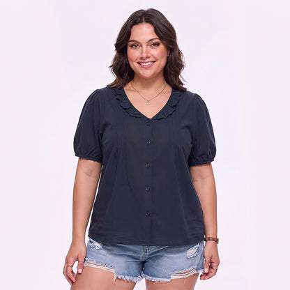Plusock Ruffled V Neck Button Front Everyday Blouse - Navy Blue - 4XL - image 6