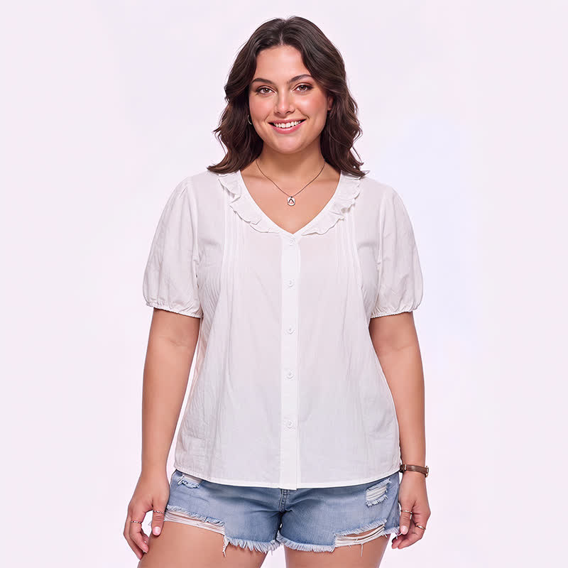 Plusock Ruffled V Neck Button Front Everyday Blouse - White - 4XL - image 3