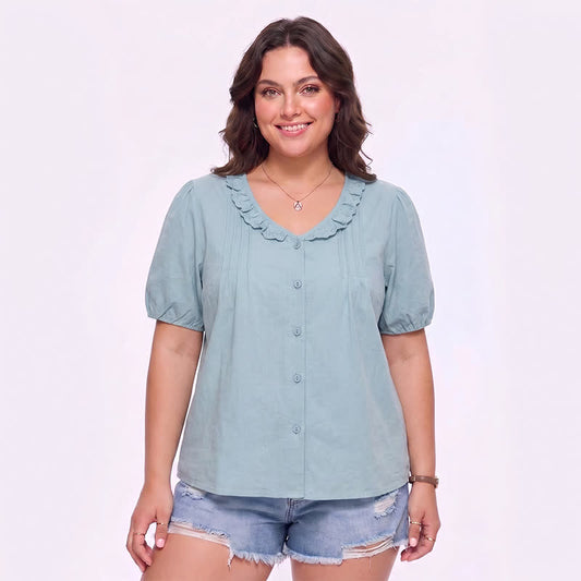 Plusock Ruffled V Neck Button Front Everyday Blouse - Light Blue - 4XL - image 0