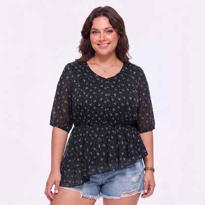 Plusock Plus Size Floral Chiffon Peplum Blouse - Blue - 4XL - image 0