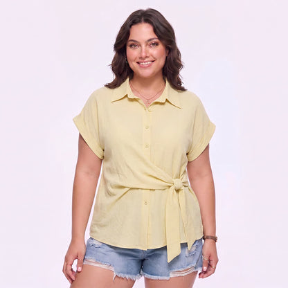 Plusock Breezy Tie Waist Collared Button Up Summer Blouse - Yellow - 3XL - image 0