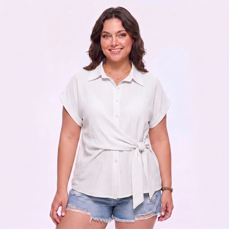 Plusock Breezy Tie Waist Collared Button Up Summer Blouse - White - 3XL - image 8