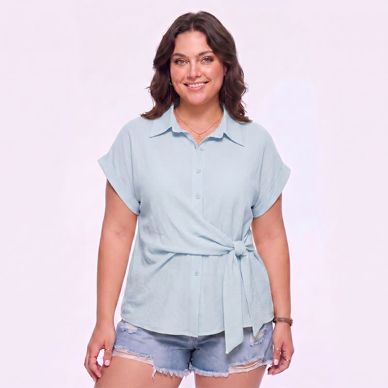 Plusock Breezy Tie Waist Collared Button Up Summer Blouse - Blue - 3XL - image 4