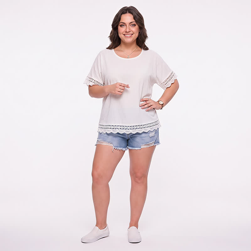 Plusock Plus Size Lace Trim Short Sleeve Blouse - image 2
