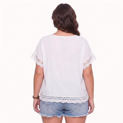 Plusock Plus Size Lace Trim Short Sleeve Blouse - image 1