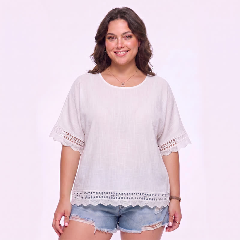 Plusock Plus Size Lace Trim Short Sleeve Blouse - White - 3XL - image 0