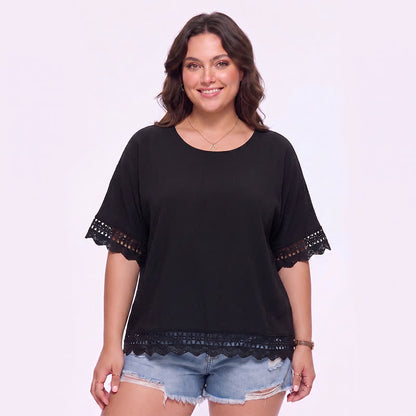 Plusock Plus Size Lace Trim Short Sleeve Blouse - Black - 3XL - image 4