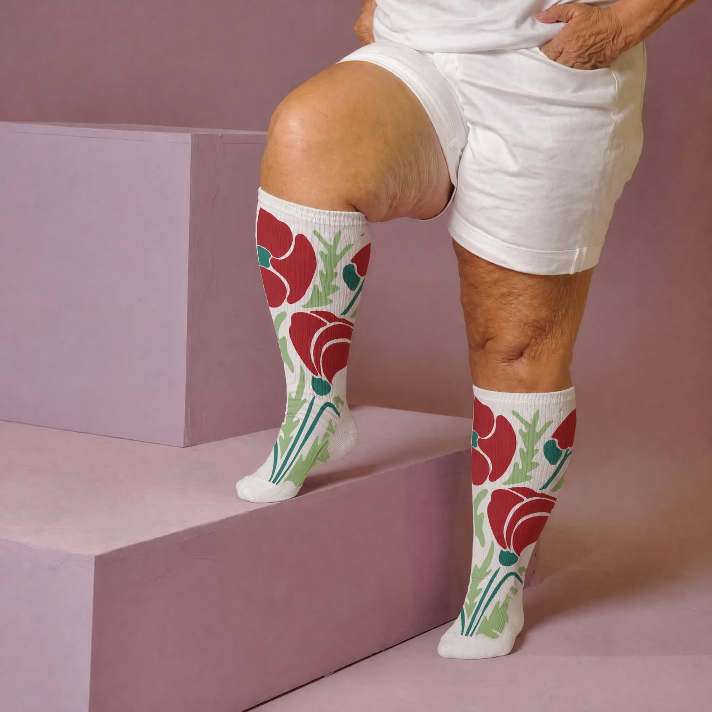 Plusock Plus Size Blooming Flowers Compression Socks - White(1 Pair) - 4XL - image 3