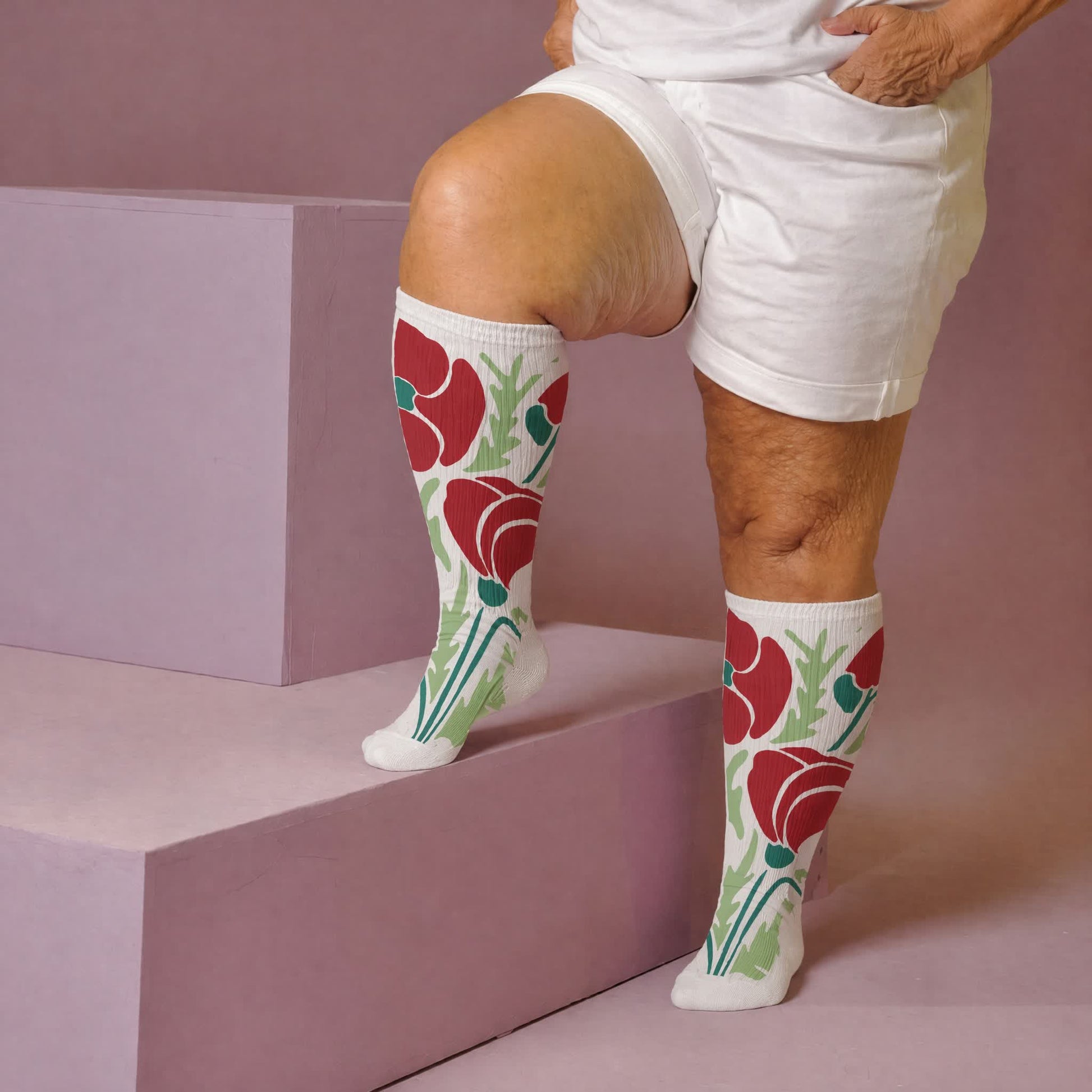 Plusock Plus Size Blooming Flowers Compression Socks - White(1 Pair) - 4XL - image 3