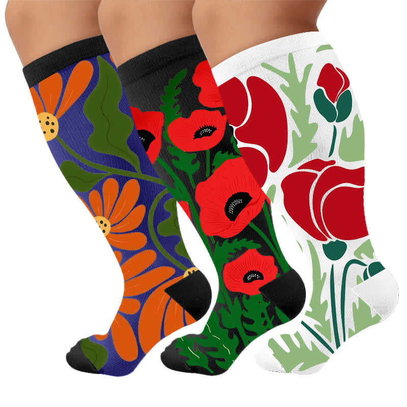 Plusock Plus Size Blooming Flowers Compression Socks - Multicolor(3 Pairs) - 4XL - image 4