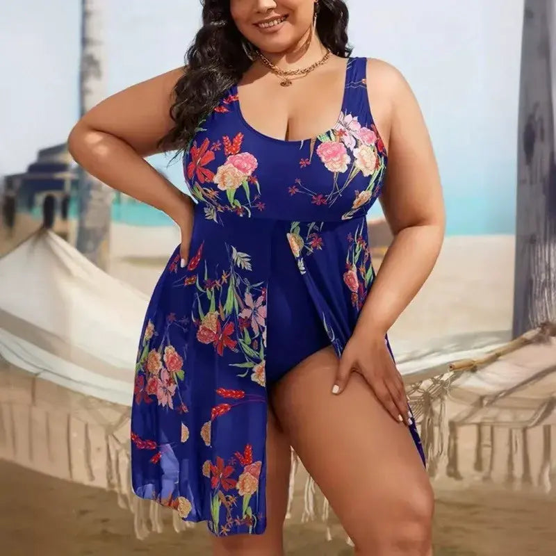 Plusock U Neck Flowy Mesh One-Piece Swim Dress - Dark Blue - 5XL - image 1