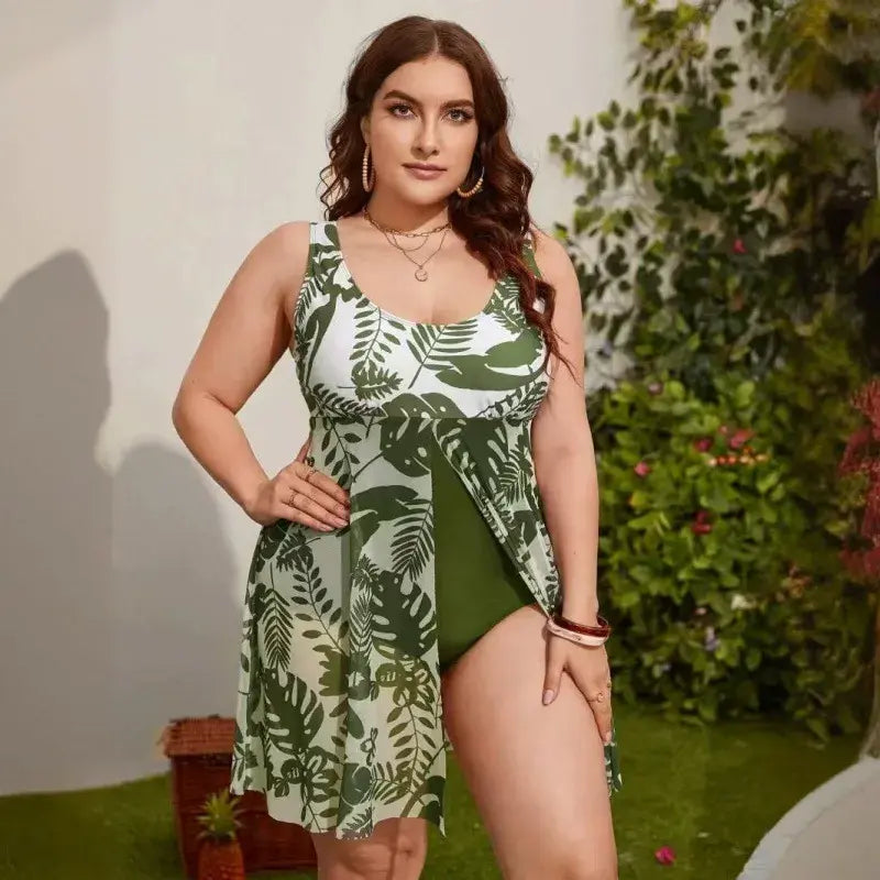 Plusock U Neck Mesh Skirted Tummy Control Swim Dress - Green - 5XL - image 0