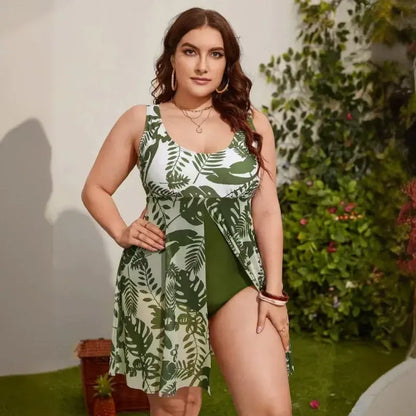 Plusock U Neck Mesh Skirted Tummy Control Swim Dress - Green - 5XL - image 0