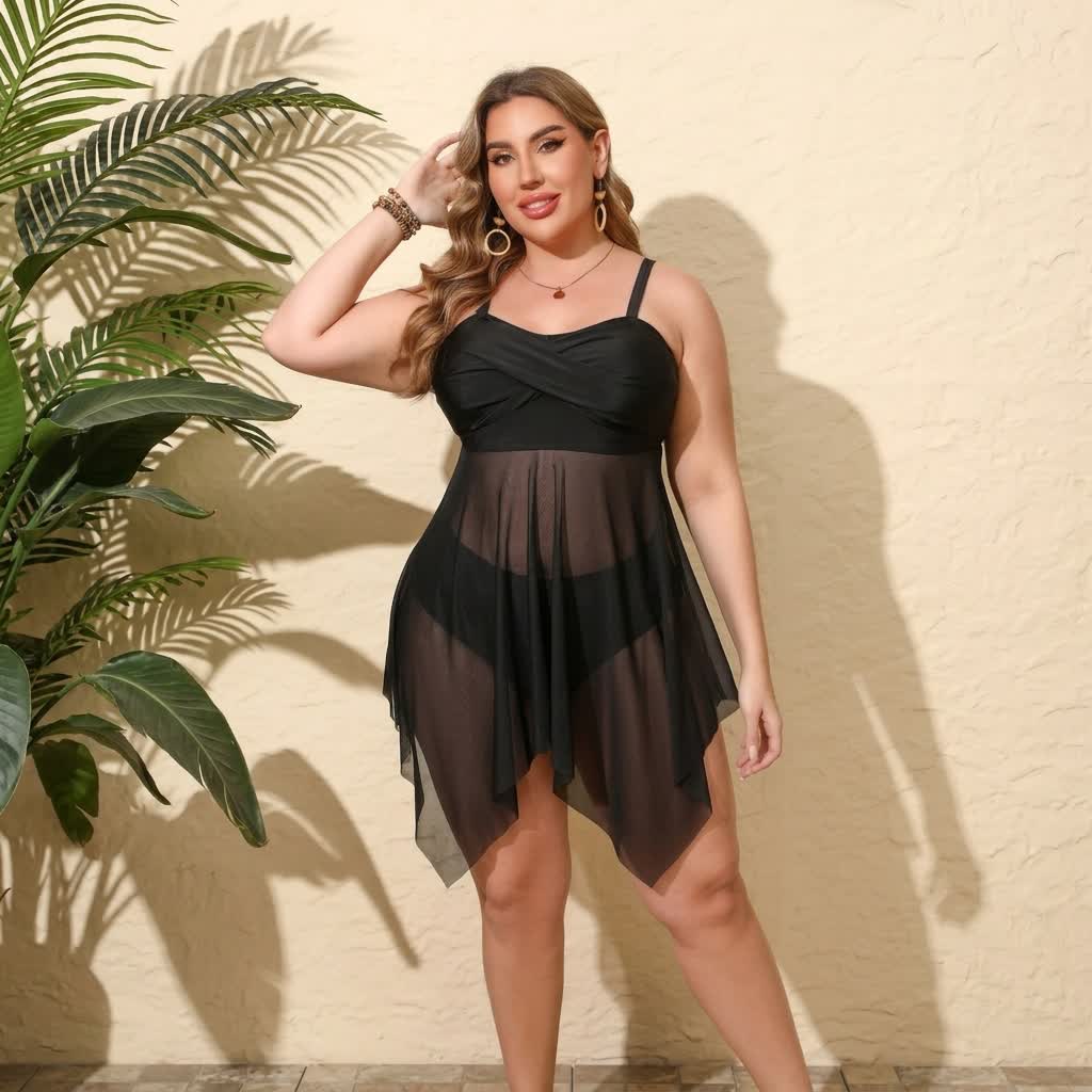 Plusock Black Sheer Mesh Wrap Two-Piece Swim Dress Set - image 2