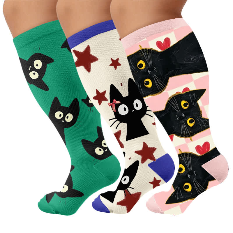 Plusock Plus Size Cat Star Compression Socks - Multicolor(3 Pairs) - 4XL - image 4