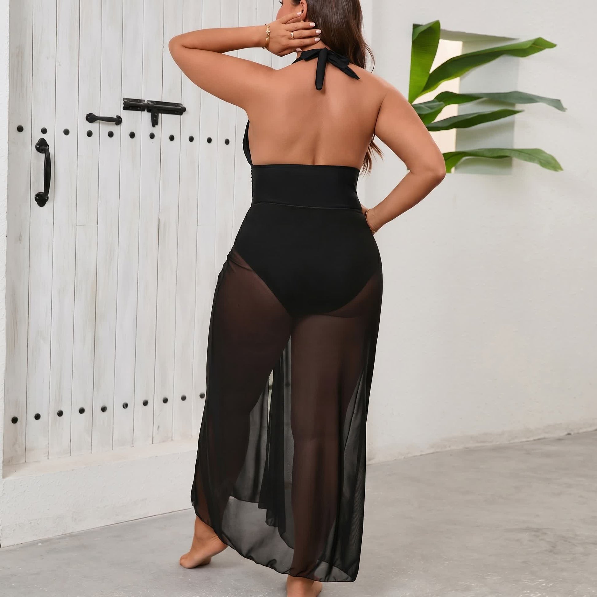 Plusock Elegant Black Halter Plunge Mesh Slit Swimwear - image 1